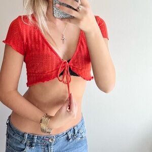 Bershka Red Ruched Tie-Front Cap Sleeve Blouse